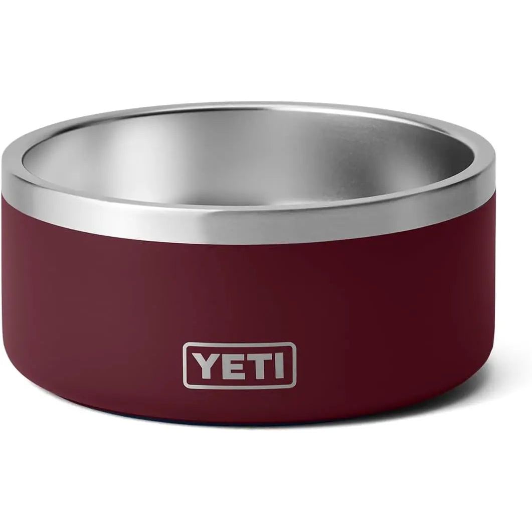 Maroon and silver metal bowl with a smooth finish, featuring the word "YETI" on the side.