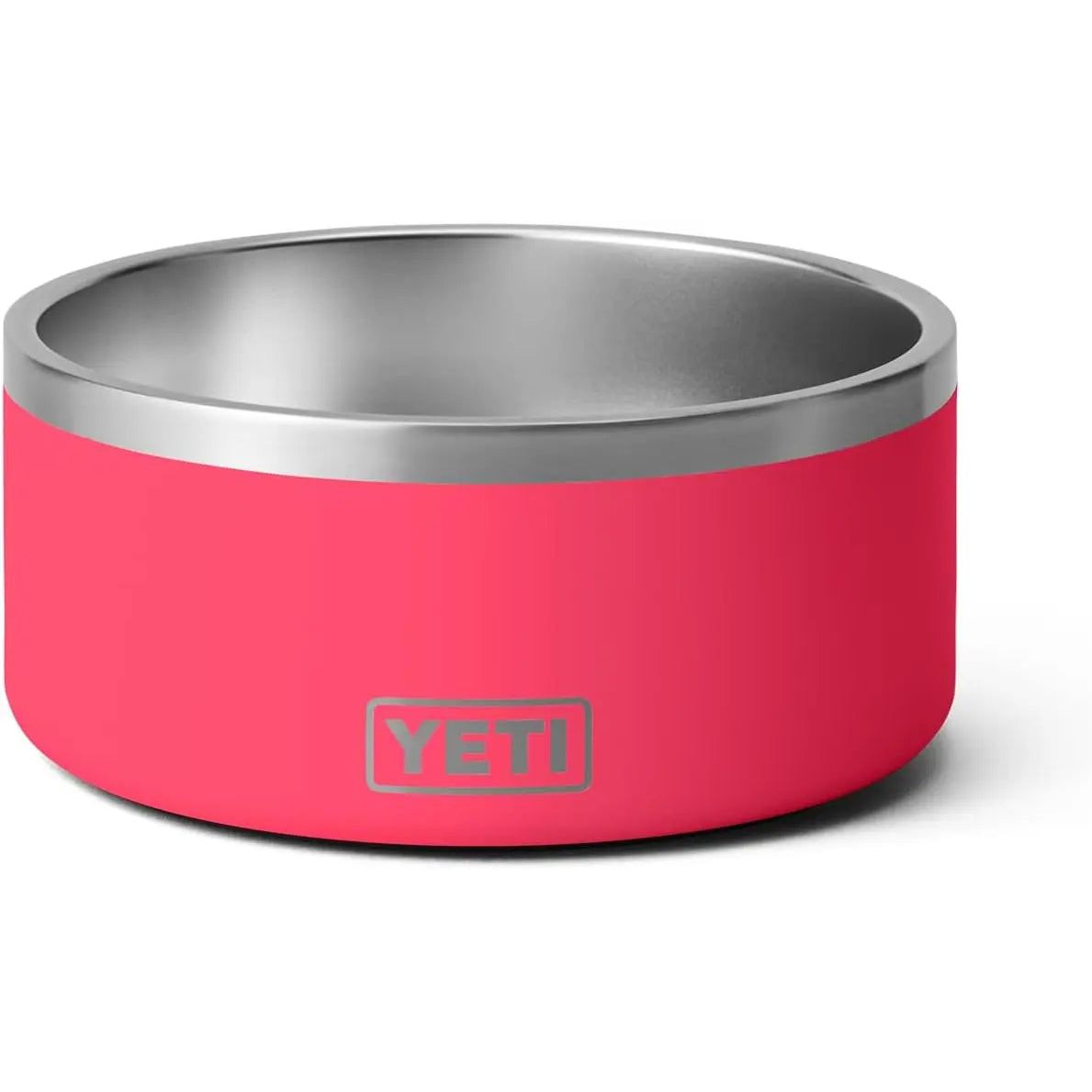 Pink and silver metal bowl with "YETI" logo on the side.