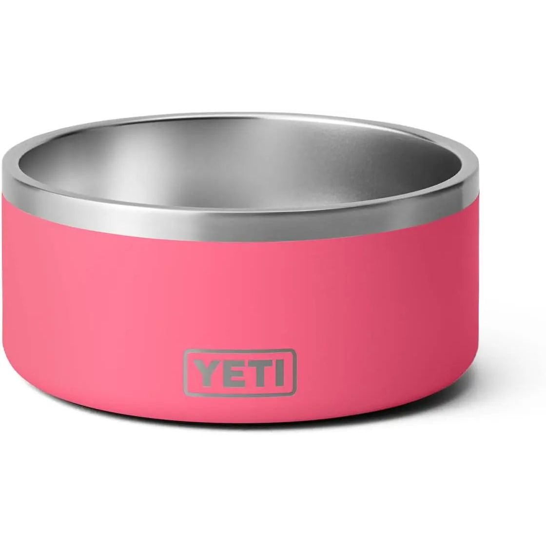 Pink stainless steel bowl with a silver rim and "YETI" logo on the side.