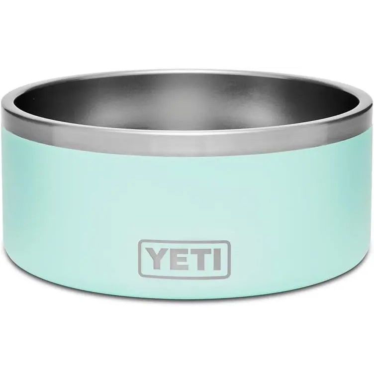 Light blue metal bowl with a stainless steel rim and "YETI" logo on the side.