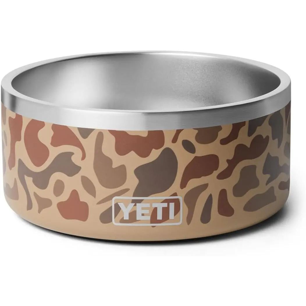 Camouflage-patterned bowl with a metallic interior and "YETI" logo on the side.