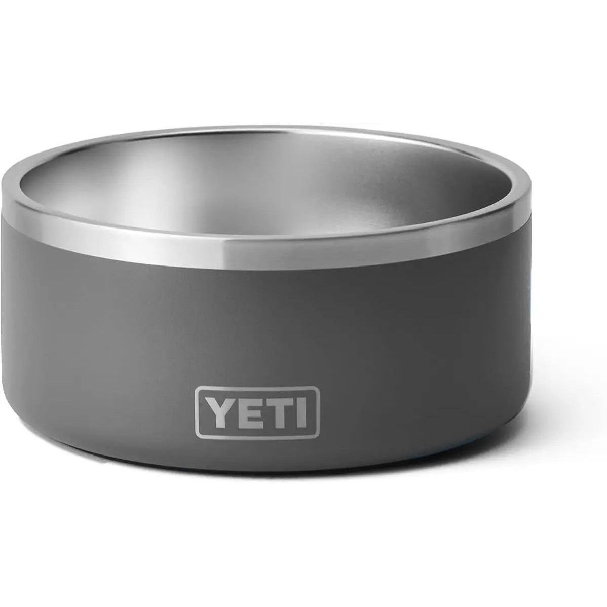 Gray metal bowl with a silver rim and "YETI" logo on the side.