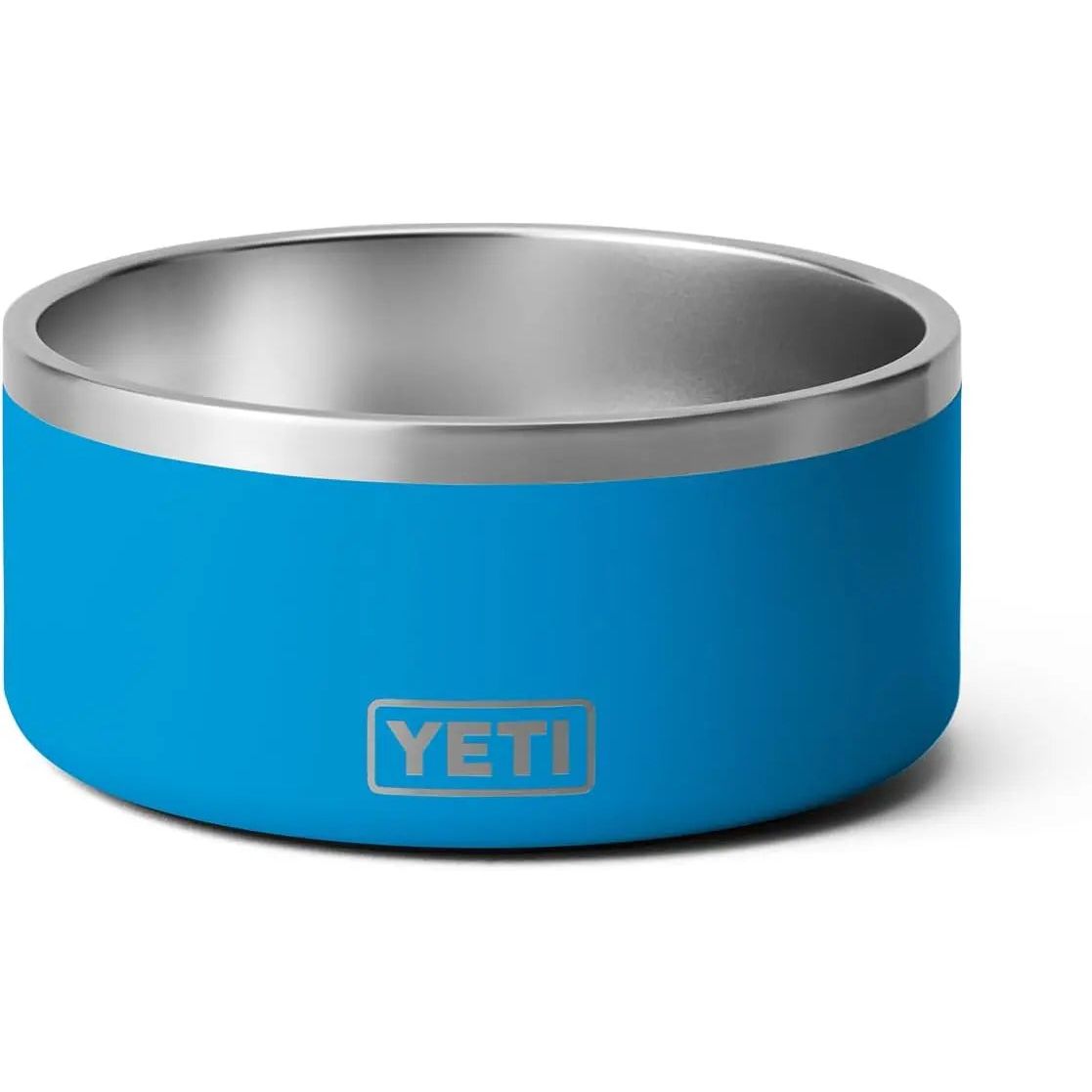 Blue stainless steel bowl with a silver rim and "YETI" logo on the side.