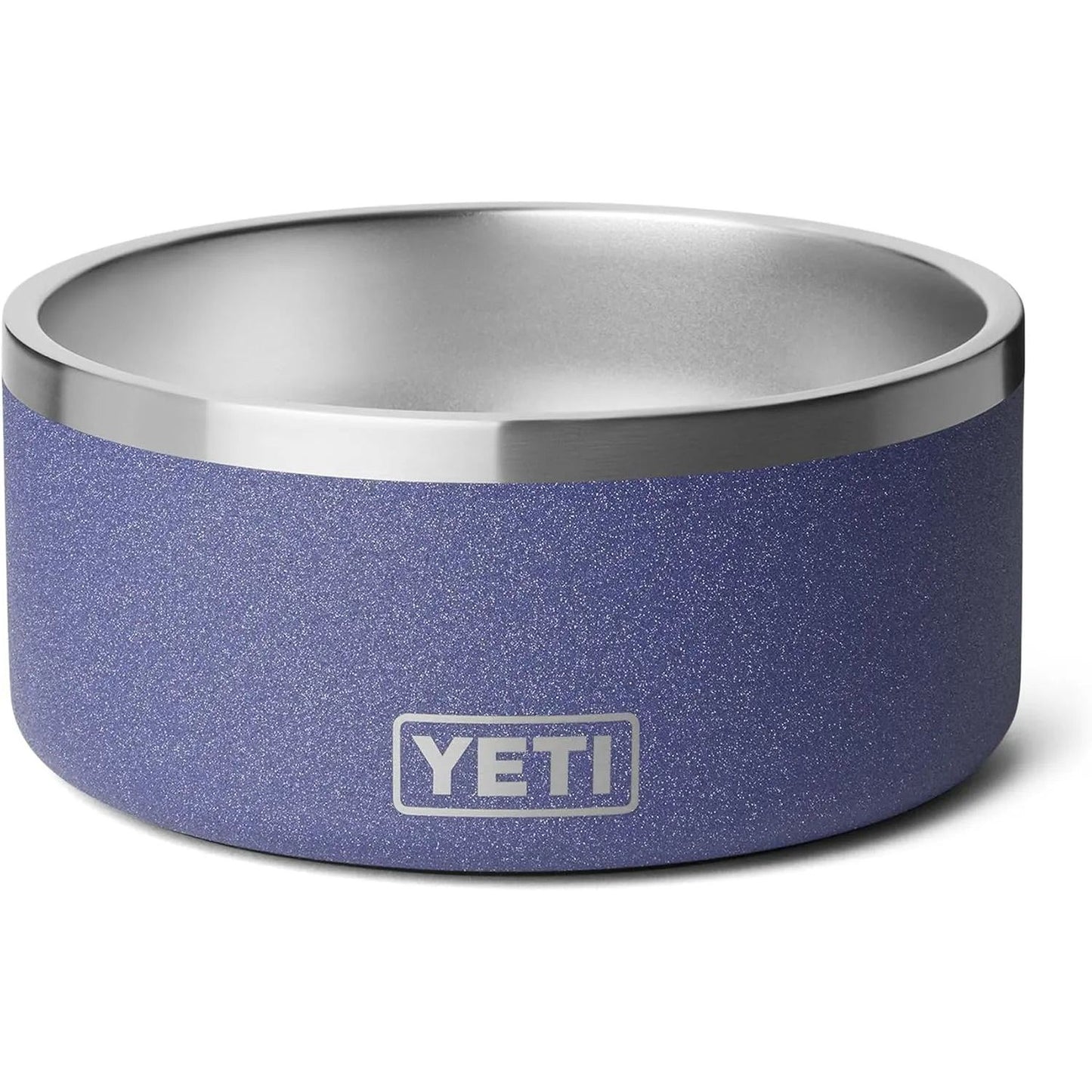 Blue speckled bowl with silver rim and "YETI" logo on the side.
