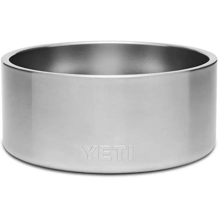 Silver metallic bowl with a smooth finish and the word "YETI" embossed on the side.
