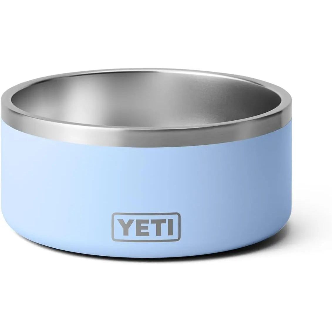 Light blue and silver stainless steel bowl with "YETI" logo on the side.