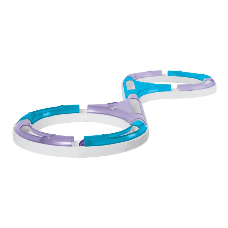 Interlocking white, blue, and purple plastic rings forming a figure-eight shape on a white background.
