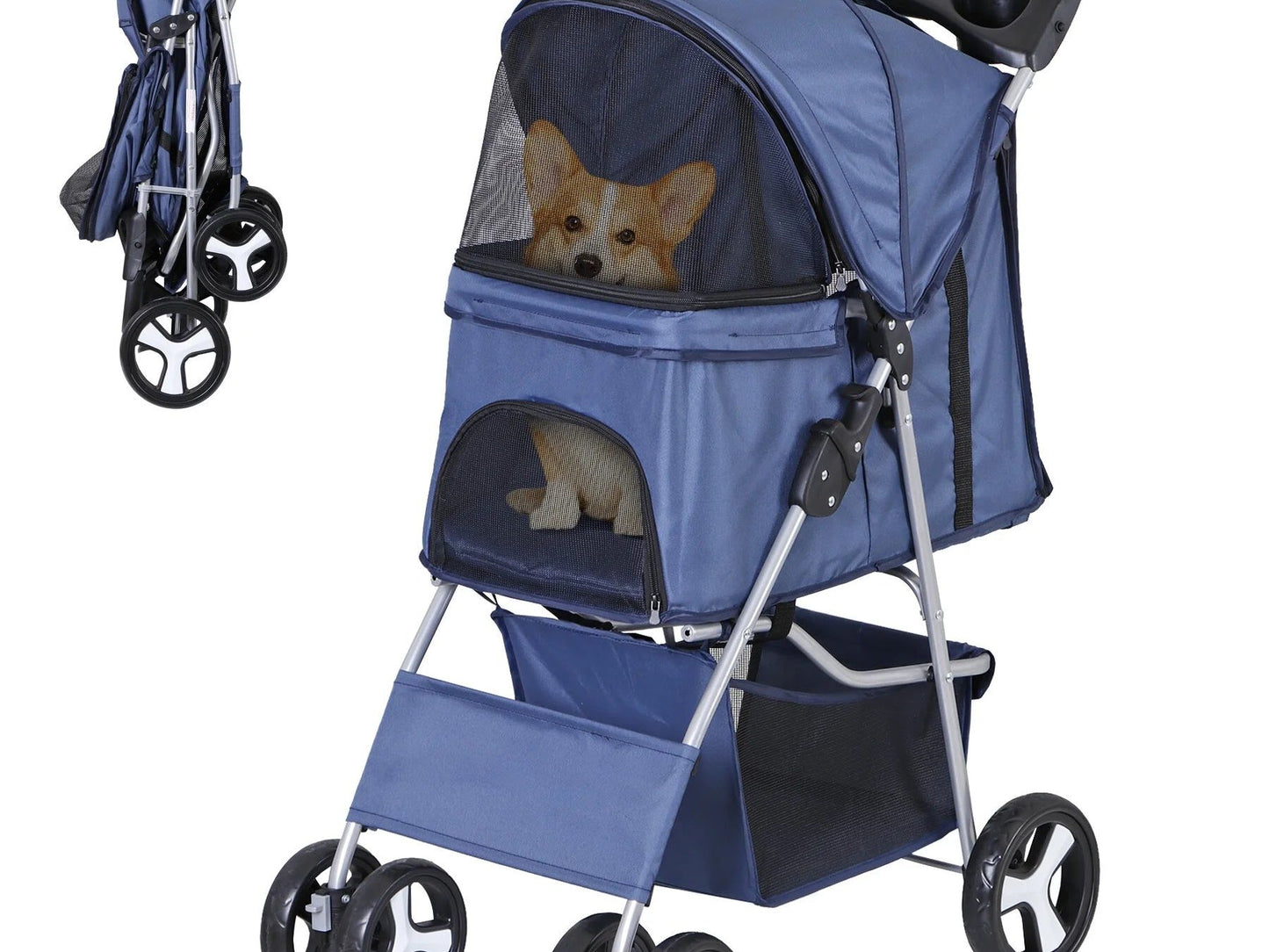 4 Wheels Small Pet Dog Stroller Foldable Strolling Cart Max.33Lbs W/Storage Basket & Cup Holder,Navy