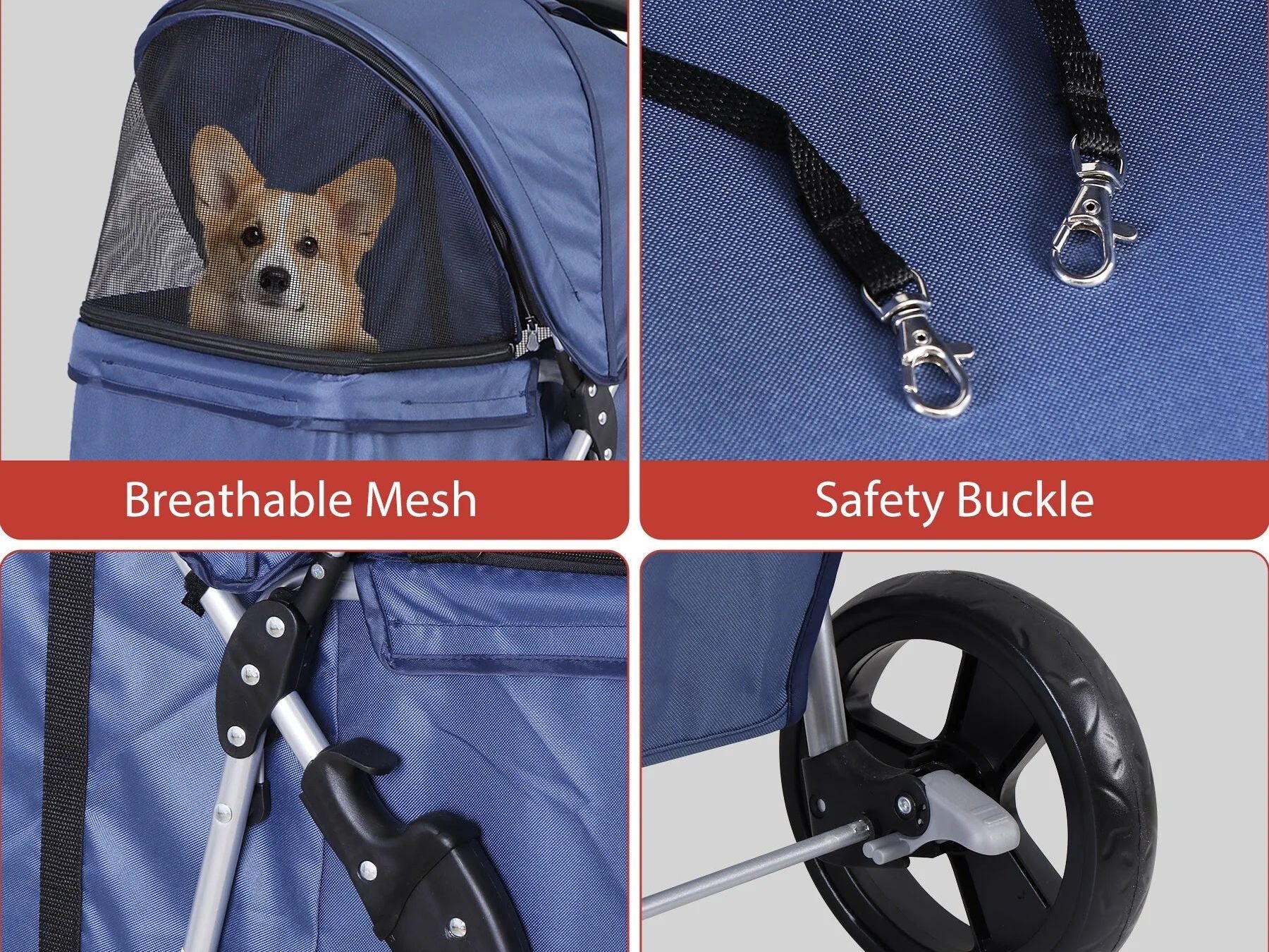 4 Wheels Small Pet Dog Stroller Foldable Strolling Cart Max.33Lbs W/Storage Basket & Cup Holder,Navy