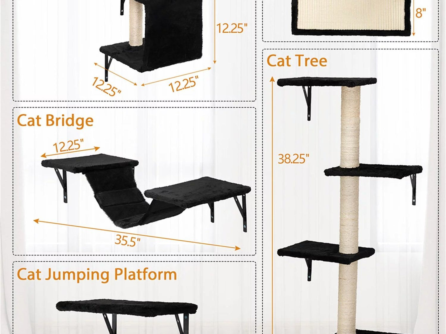 Cat Wall Shelves and Perches Set, Cat Tower for Adult Cats Mounted Cat Tree House for Indoor Cats Modern Furniture for Cat Sleeping Playing Lounging Climbing Cat Tree for Large, Black