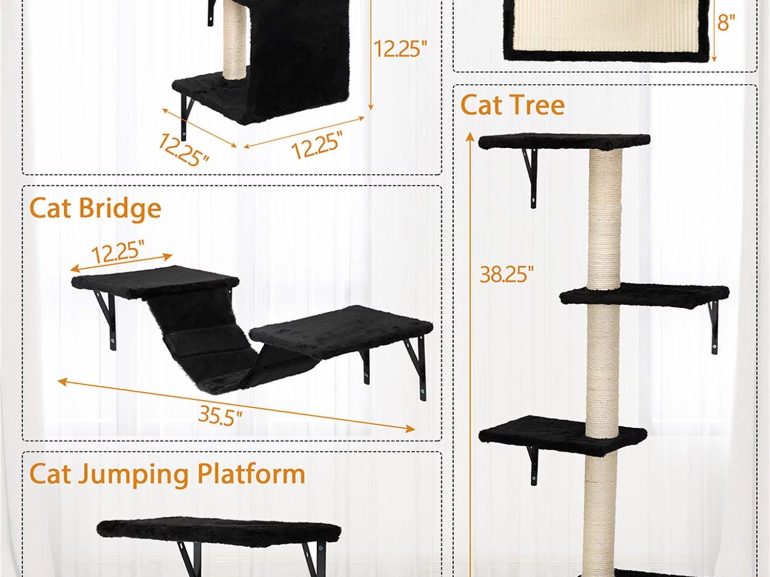 Cat Wall Shelves and Perches Set, Cat Tower for Adult Cats Mounted Cat Tree House for Indoor Cats Modern Furniture for Cat Sleeping Playing Lounging Climbing Cat Tree for Large, Black