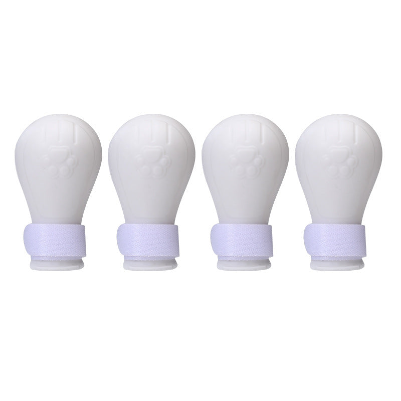 Four white, bulb-shaped containers with purple bands, aligned in a row on a white background.