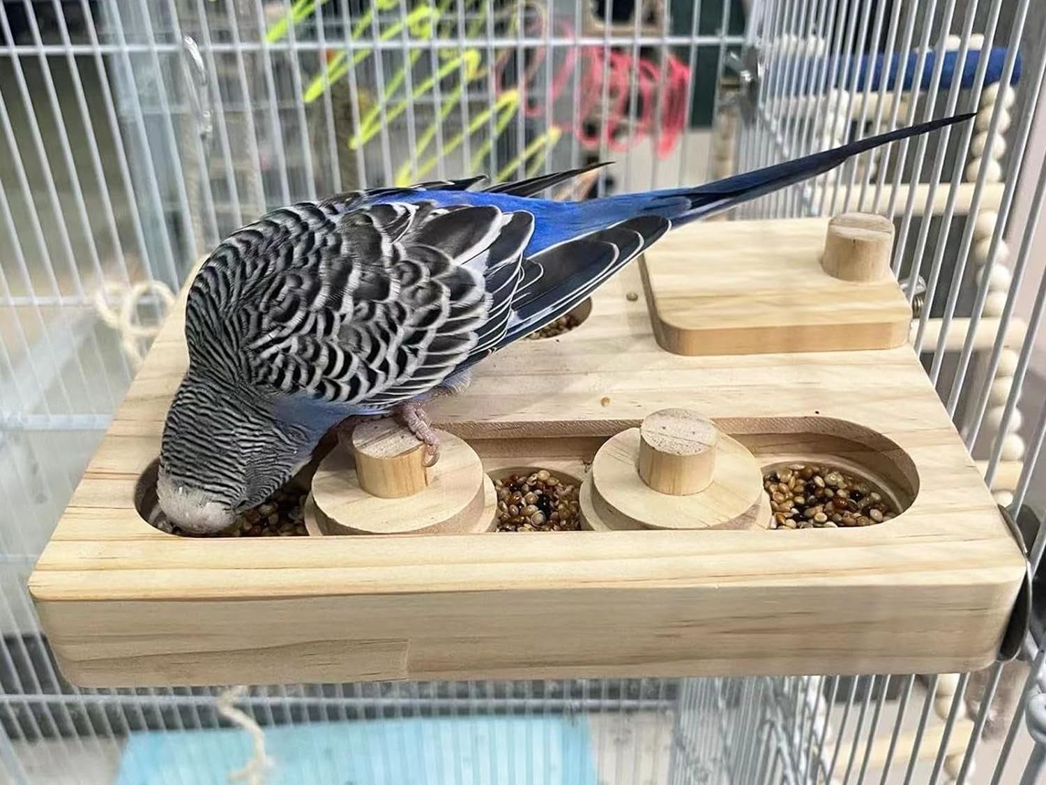 Interactive Wooden Foraging Puzzle Toy for Parrots, Parakeets, Cockatiels, and Sun Conures - Mental Enrichment and Seed Slow Feeder for Bird Cages