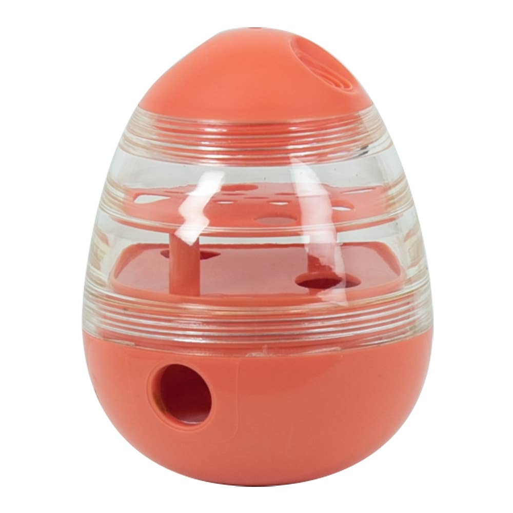 Red and clear egg-shaped container with holes and a circular opening at the bottom.