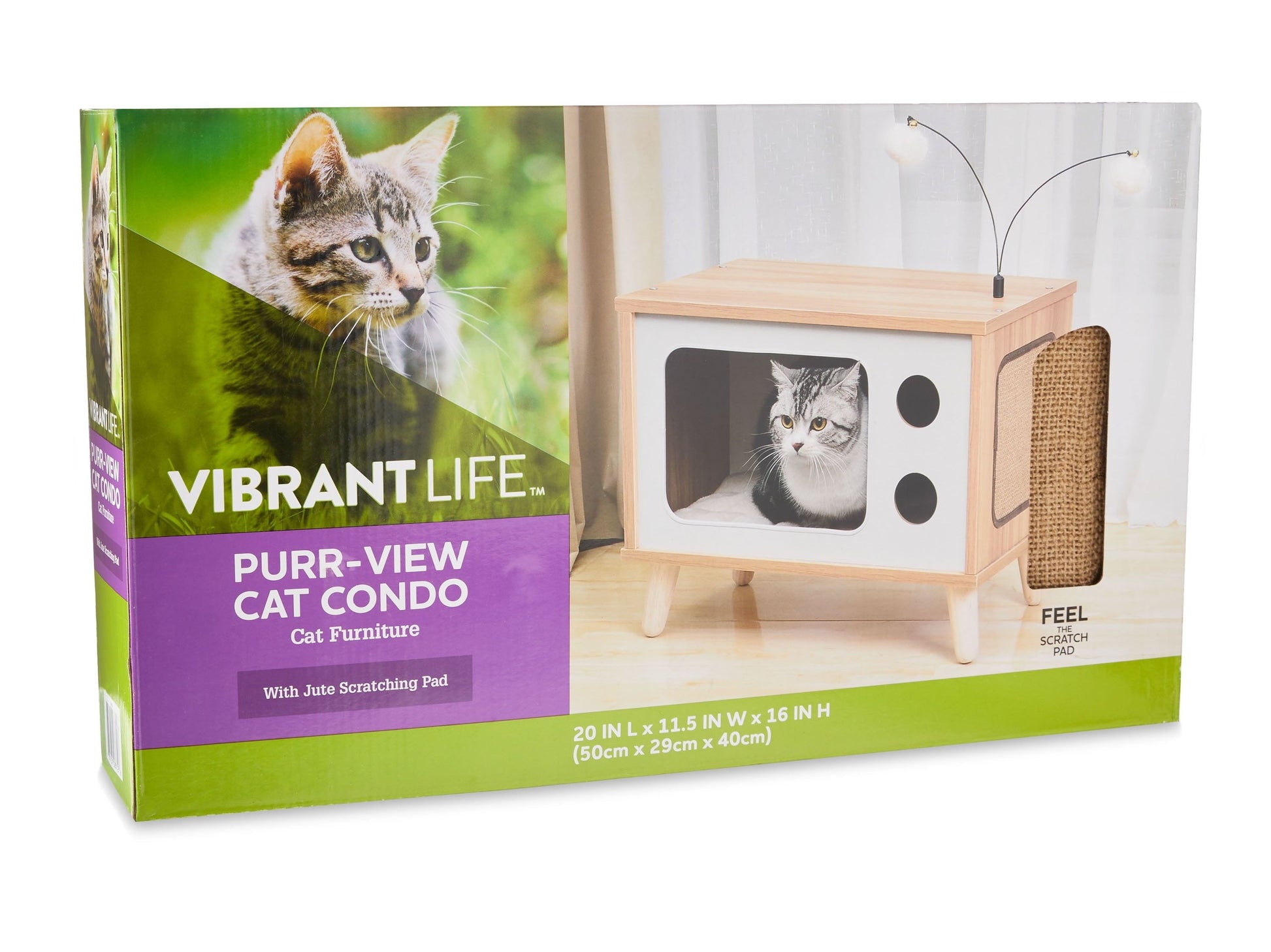 Purr-View Retro TV Cat Condo with Jute Scratching Pad & Washable Mat, Ball Toy Antenna, White & Tan, 20" L X 11.5" W X 16" H