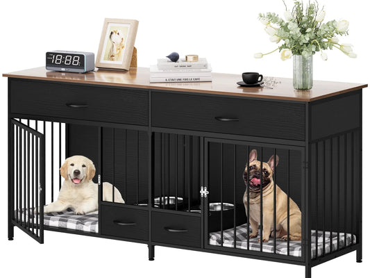 Indoor Dog Crate Furniture Large Breed with Storage&Dog Feeder, Double Dog Kennel Furniture TV Stand, 74.8" Inch Wooden Decorative Dog Kennel Furniture for 2 Dogs, Black