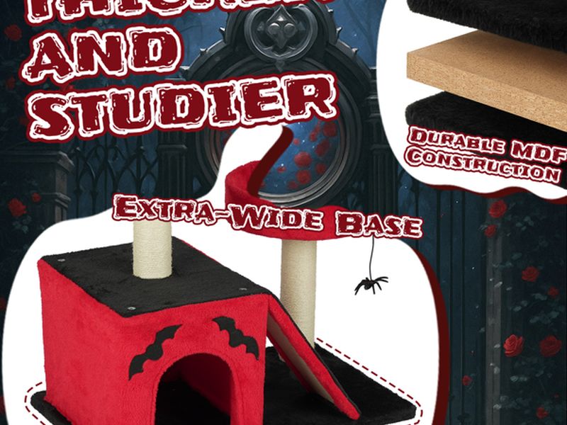 Halloween Cat Climbing Frame Gothic Cat Tree, Cat Tower with Spacious Cat Condo, 2 Padded Perches, Spider Toy, Scratching Posts, Scratching Ladder for Large Cats, Red & Black