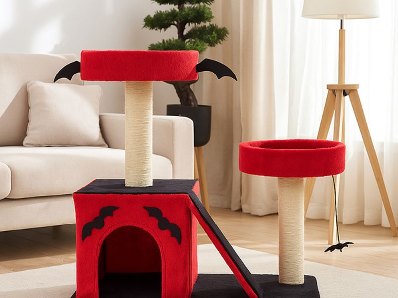 Halloween Cat Climbing Frame Gothic Cat Tree, Cat Tower with Spacious Cat Condo, 2 Padded Perches, Spider Toy, Scratching Posts, Scratching Ladder for Large Cats, Red & Black