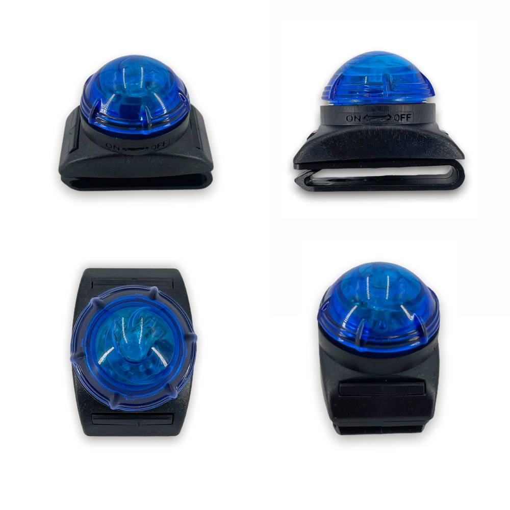 Four black clips with blue dome lights, shown from different angles, featuring on/off switches.