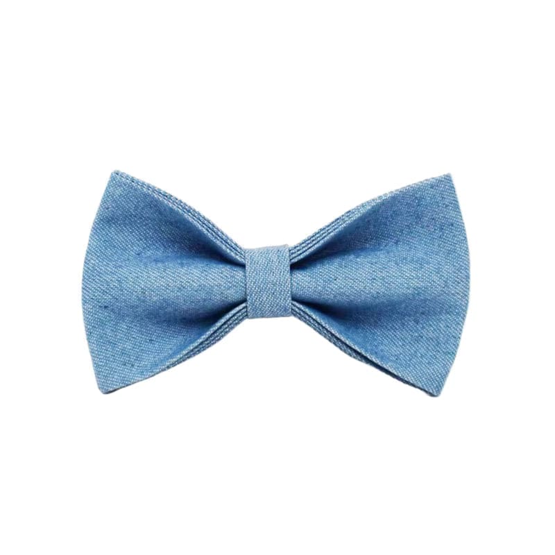 Light blue denim bow tie on a white background.