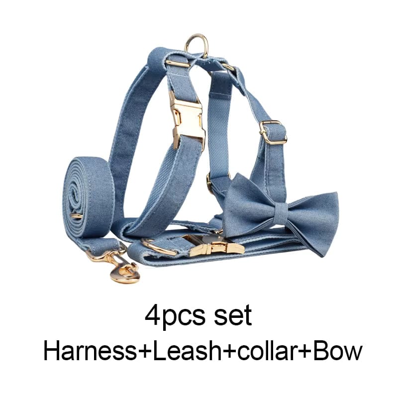 Blue pet harness set with gold buckles, includes leash, collar, and bow tie.