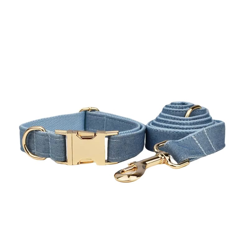 Blue fabric dog collar and leash set with gold metal buckle and clasp.