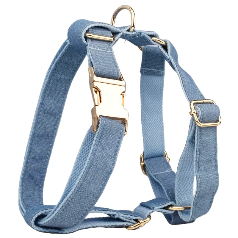 Light blue denim pet harness with gold buckles and a metal ring.