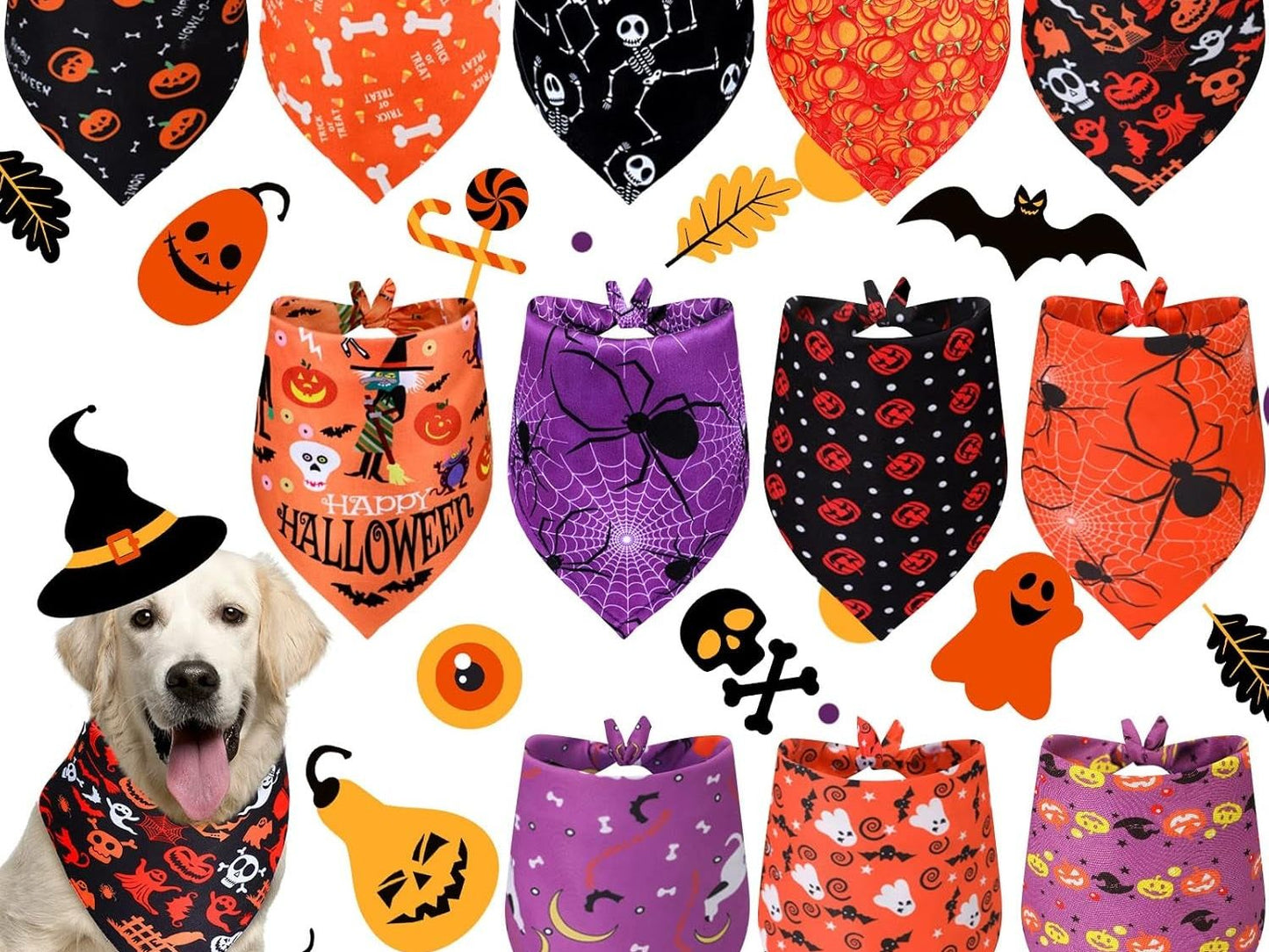 12-Pack Adjustable Halloween Bandanas for Dogs and Cats - Triangle Design Featuring Bat, Ghost, and Pumpkin Patterns - Pet Apparel Accessories