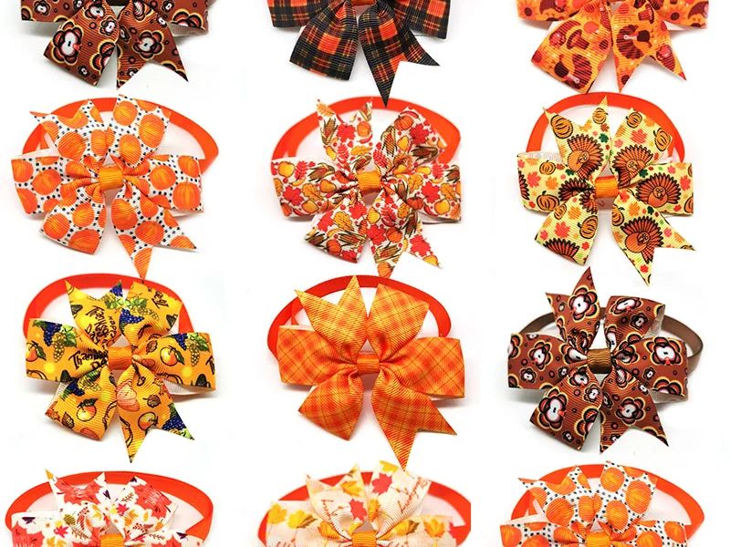30/50Pcs Thanksgiving Day Pet Dog Bow Ties Maple Leaf Turkey Pet Cat Dog Collar Bowties Neckties Pet Fall Ties Grooming Products