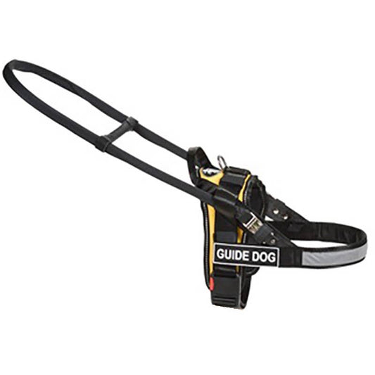 Black and yellow guide dog harness with a handle and "Guide Dog" label.