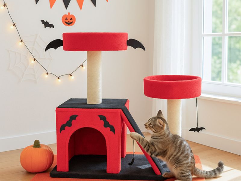 Halloween Cat Climbing Frame Gothic Cat Tree, Cat Tower with Spacious Cat Condo, 2 Padded Perches, Spider Toy, Scratching Posts, Scratching Ladder for Large Cats, Red & Black