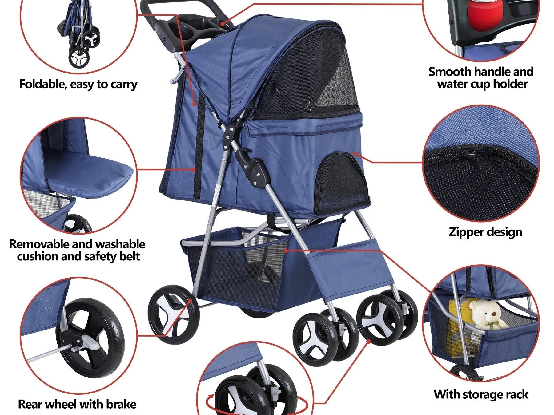 4 Wheels Small Pet Dog Stroller Foldable Strolling Cart Max.33Lbs W/Storage Basket & Cup Holder,Navy
