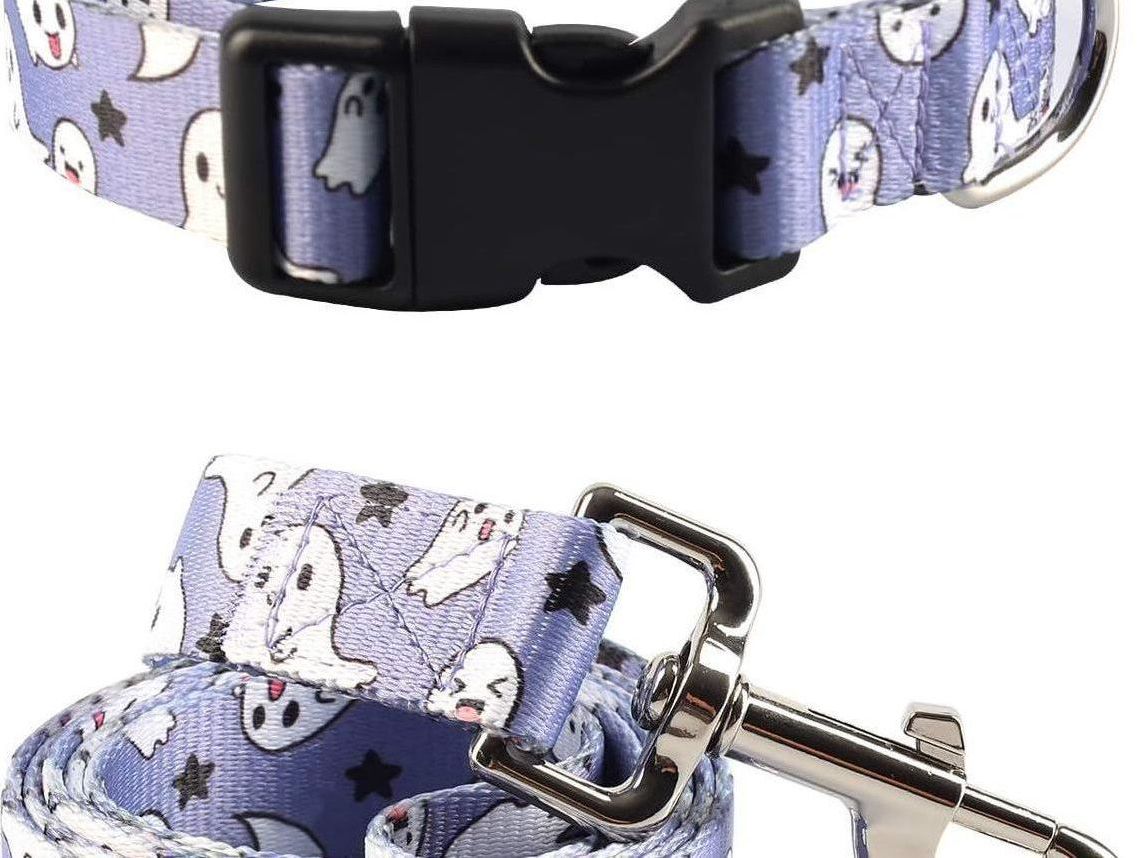 2-Piece Halloween Dog Collar and Ghost Leash Set - Adjustable and Cute Collars for Small, Medium, and Large Pets (Medium, Blue)