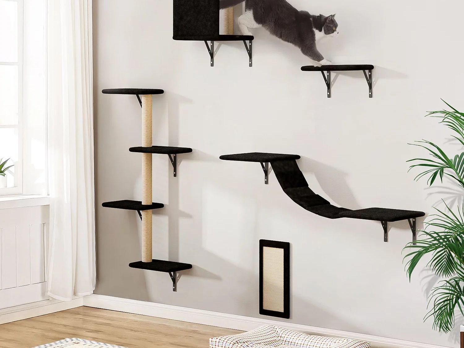 Cat Wall Shelves and Perches Set, Cat Tower for Adult Cats Mounted Cat Tree House for Indoor Cats Modern Furniture for Cat Sleeping Playing Lounging Climbing Cat Tree for Large, Black