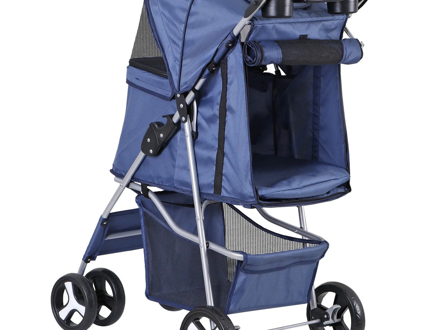 4 Wheels Small Pet Dog Stroller Foldable Strolling Cart Max.33Lbs W/Storage Basket & Cup Holder,Navy