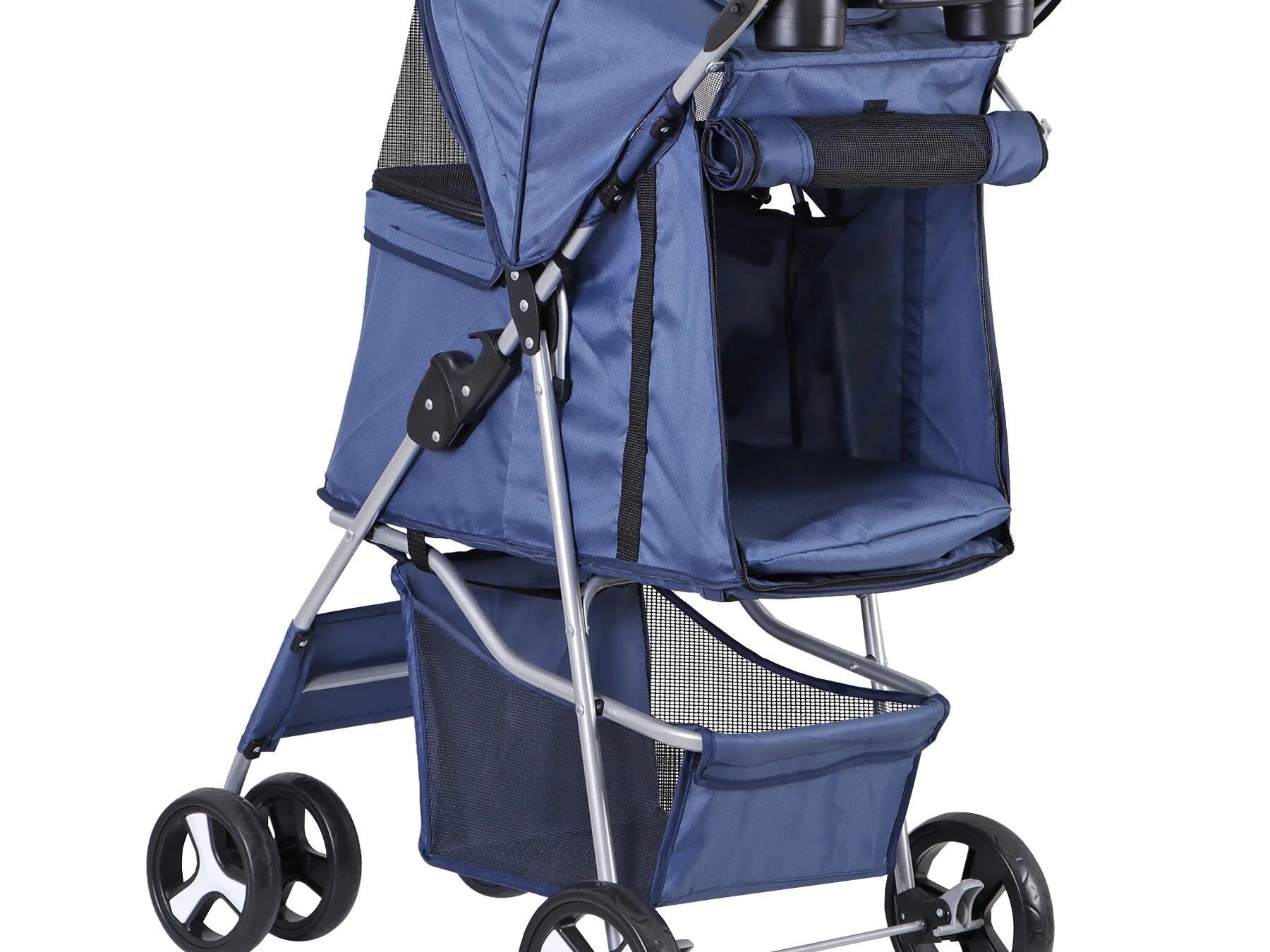 4 Wheels Small Pet Dog Stroller Foldable Strolling Cart Max.33Lbs W/Storage Basket & Cup Holder,Navy