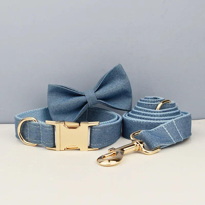 Blue dog collar with a bow tie and gold buckle, matching leash with gold clip on a light surface.