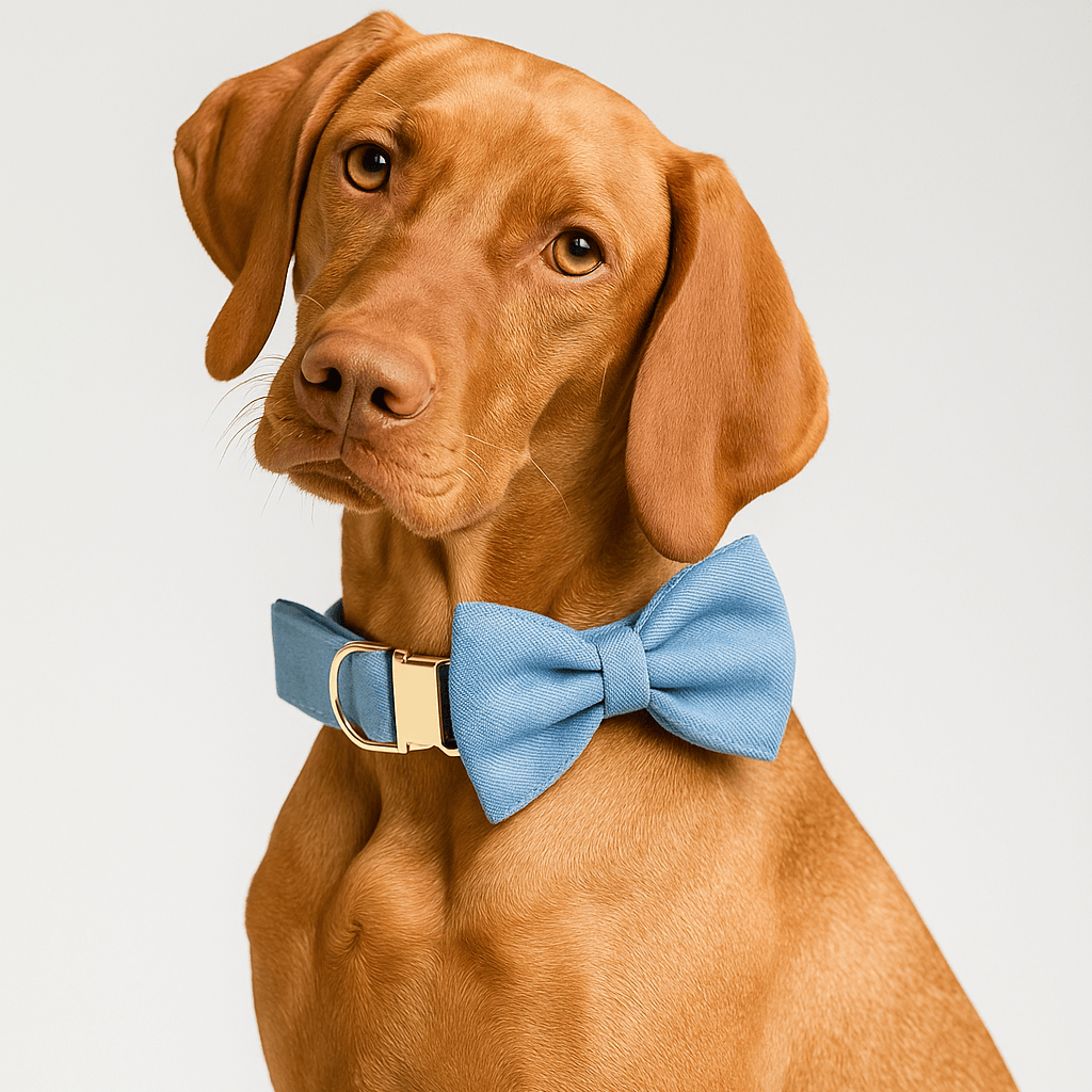 Brown dog with floppy ears wearing a blue bow tie, looking slightly to the side.