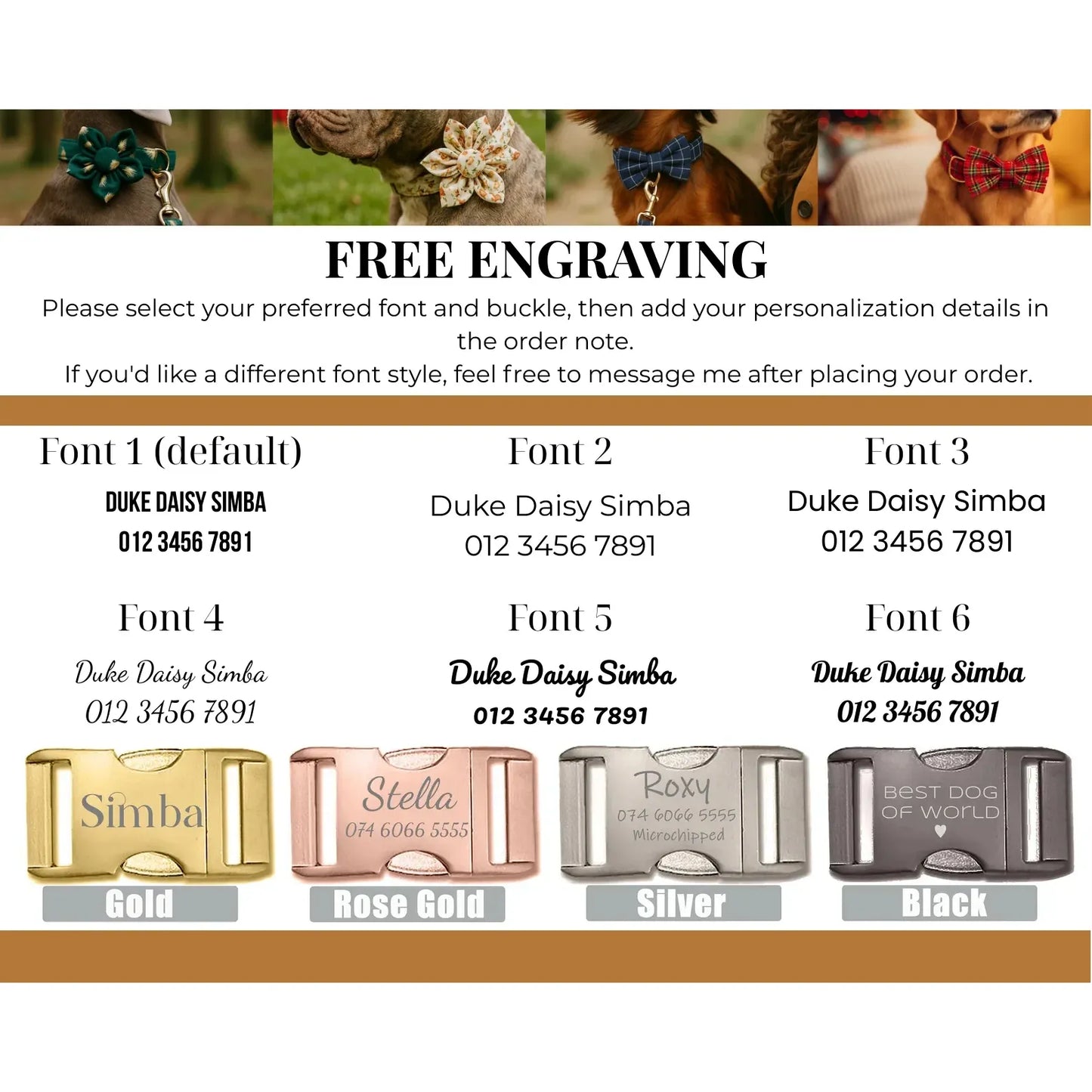 Dog collars with different fonts and colors: gold, rose gold, silver, and black buckles.