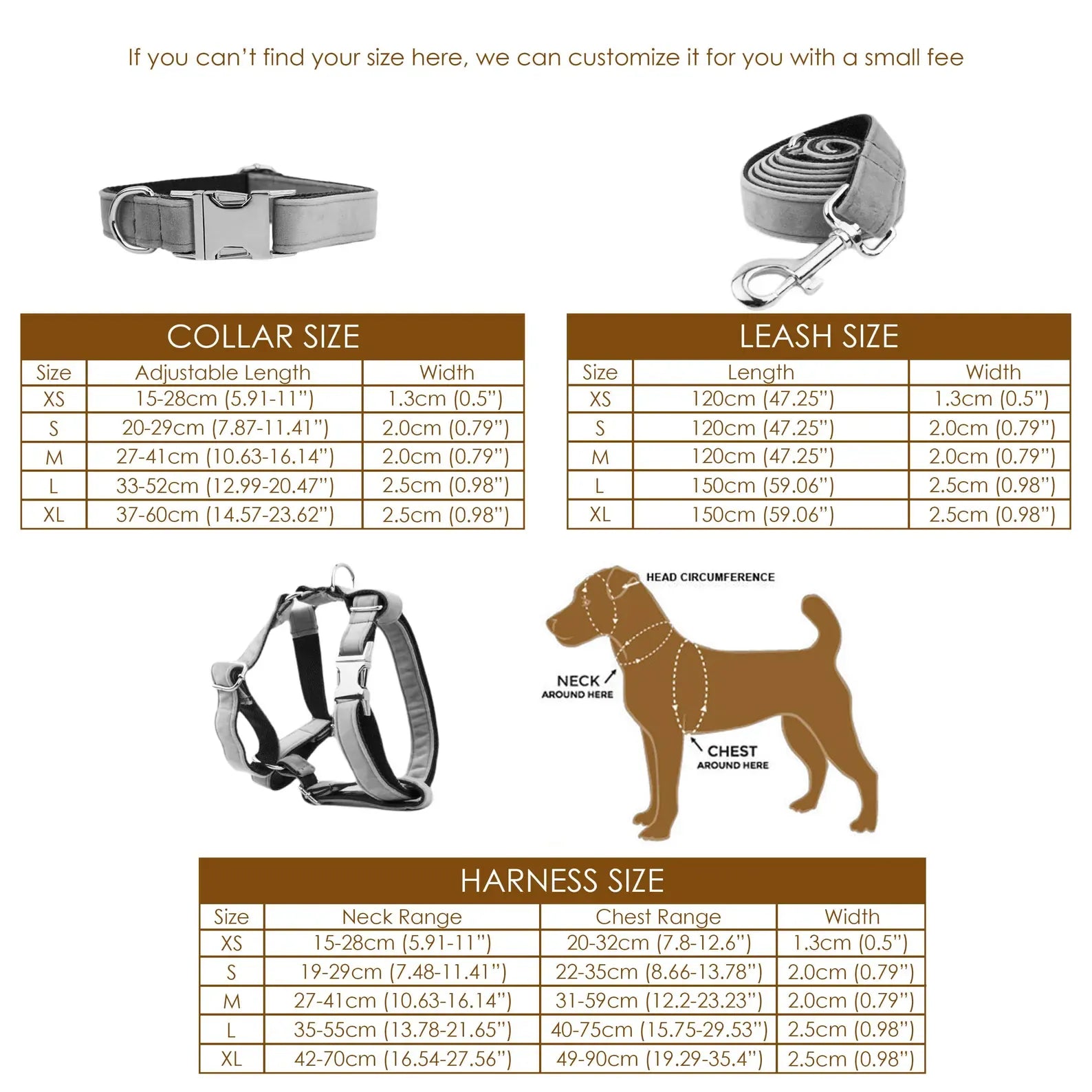 Chart showing dog collar, leash, and harness sizes with measurements and illustrations.
