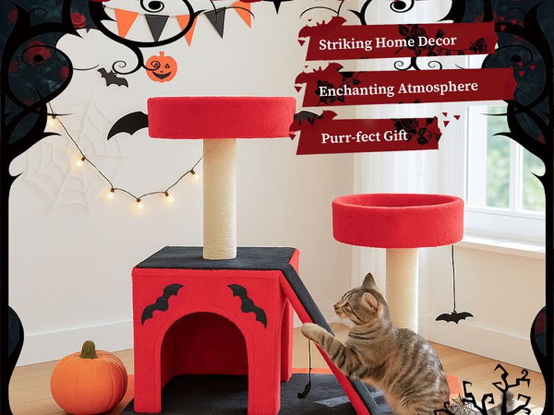 Halloween Cat Climbing Frame Gothic Cat Tree, Cat Tower with Spacious Cat Condo, 2 Padded Perches, Spider Toy, Scratching Posts, Scratching Ladder for Large Cats, Red & Black