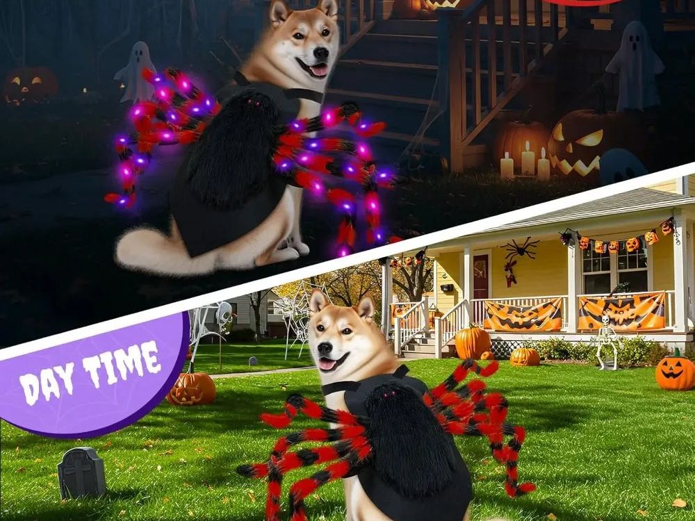 Large Dog Halloween Costume Spider Costume with LED Purple Lights Funny for Dogs Pets Clothes Puppy Outfits Cosplay Party Decor