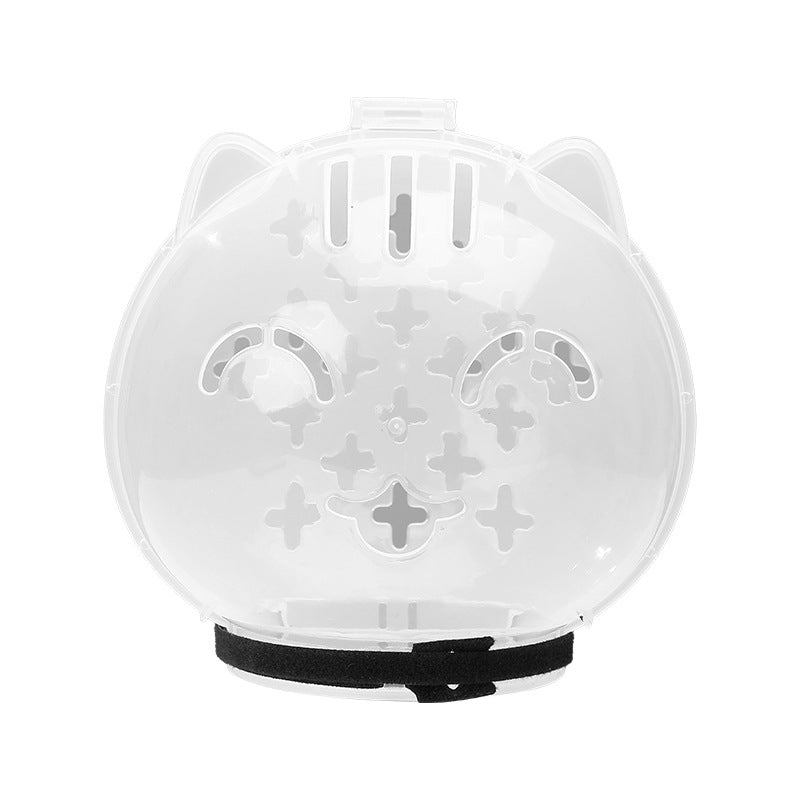 Clear cat-shaped container with cut-out eyes and plus signs, featuring a black strap at the base.