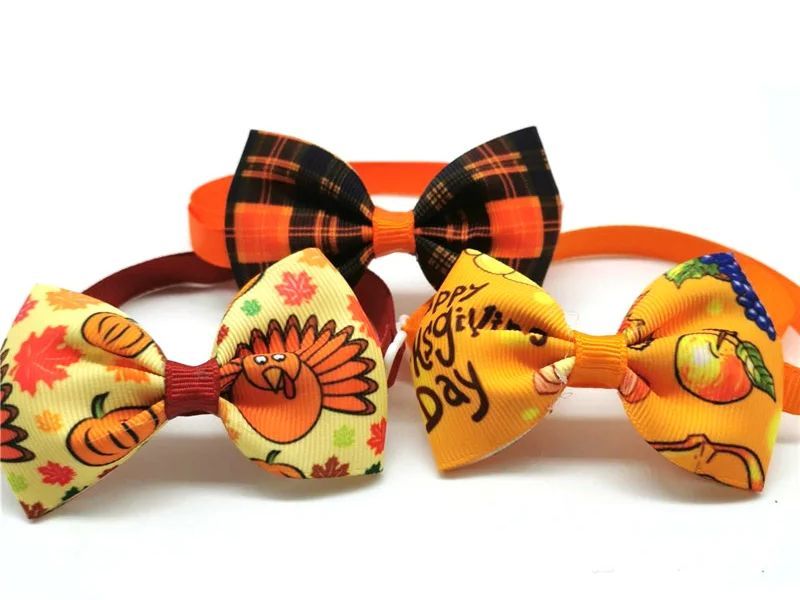 30/50Pcs Thanksgiving Day Pet Dog Bow Ties Maple Leaf Turkey Pet Cat Dog Collar Bowties Neckties Pet Fall Ties Grooming Products