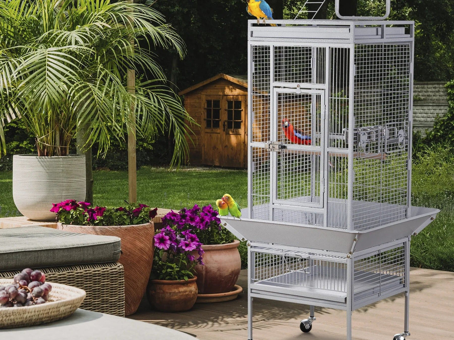 61" Large Bird Cage with Rolling Stand for Parrot Cockatoo Pet House Wrought Iron Birdcage, White