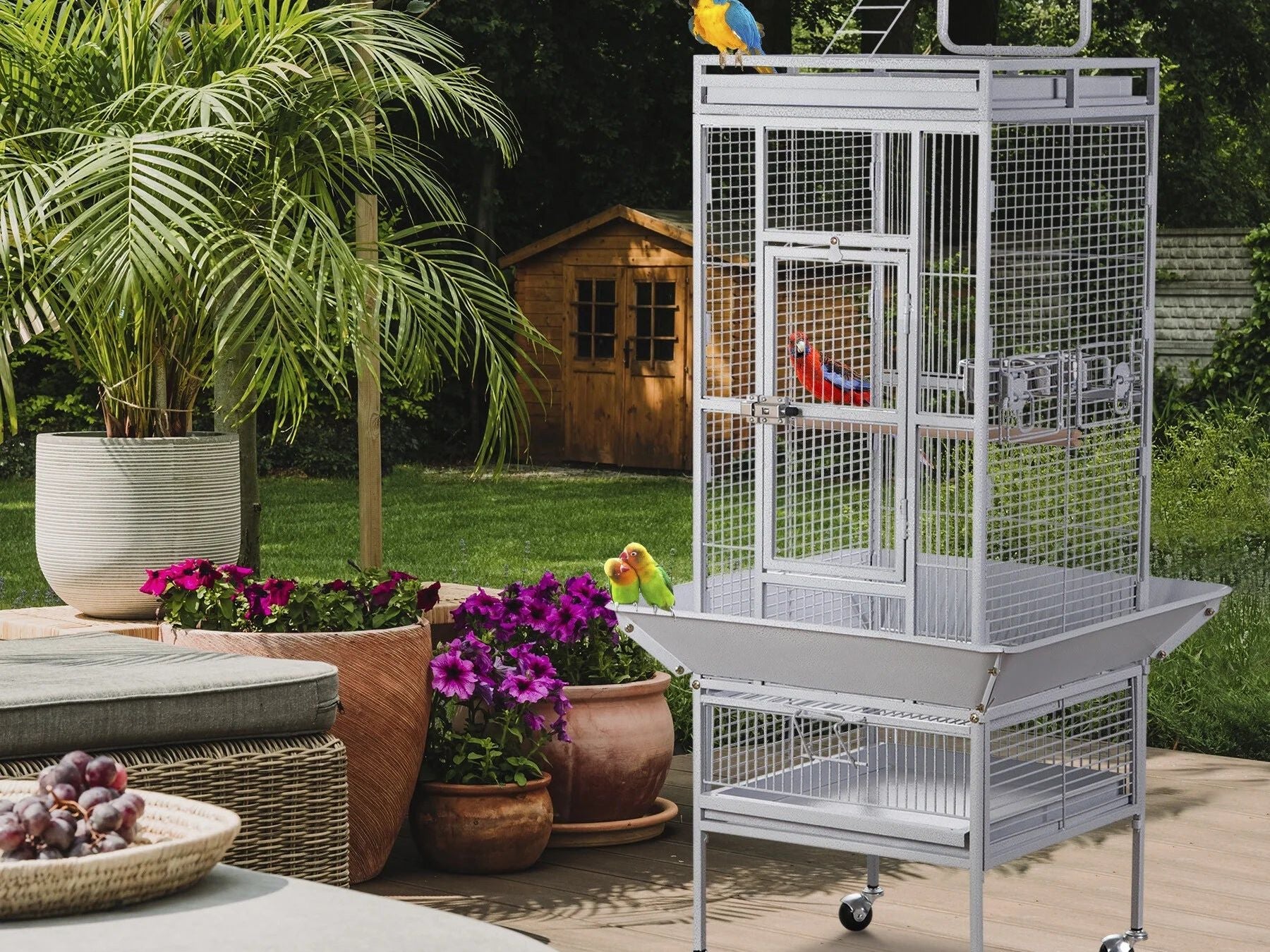 61" Large Bird Cage with Rolling Stand for Parrot Cockatoo Pet House Wrought Iron Birdcage, White