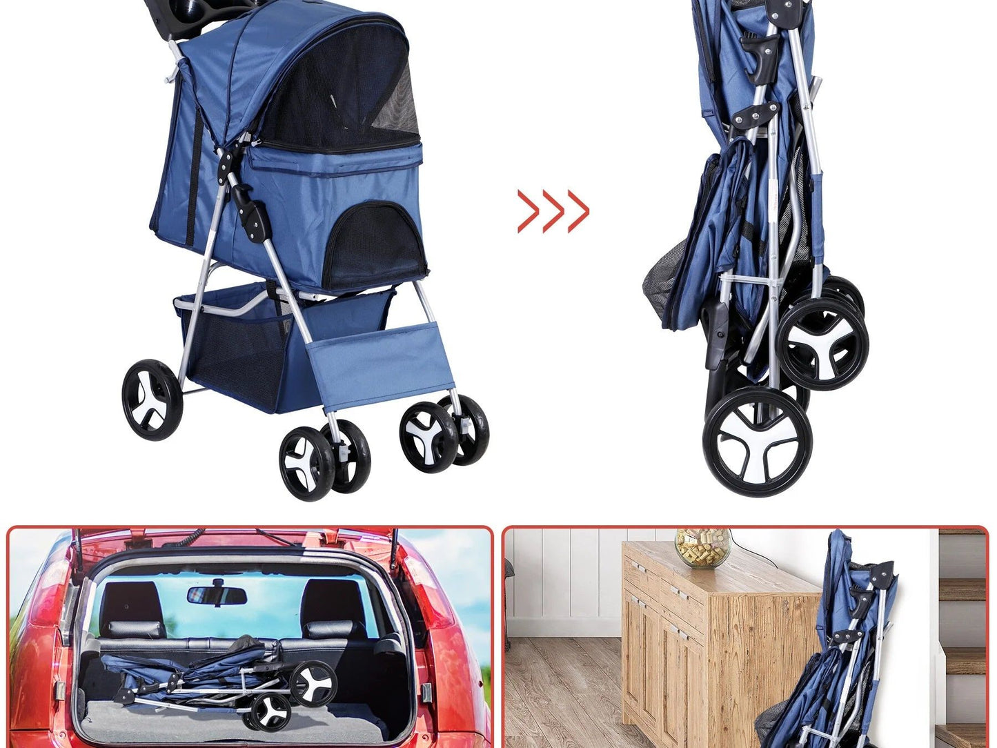4 Wheels Small Pet Dog Stroller Foldable Strolling Cart Max.33Lbs W/Storage Basket & Cup Holder,Navy