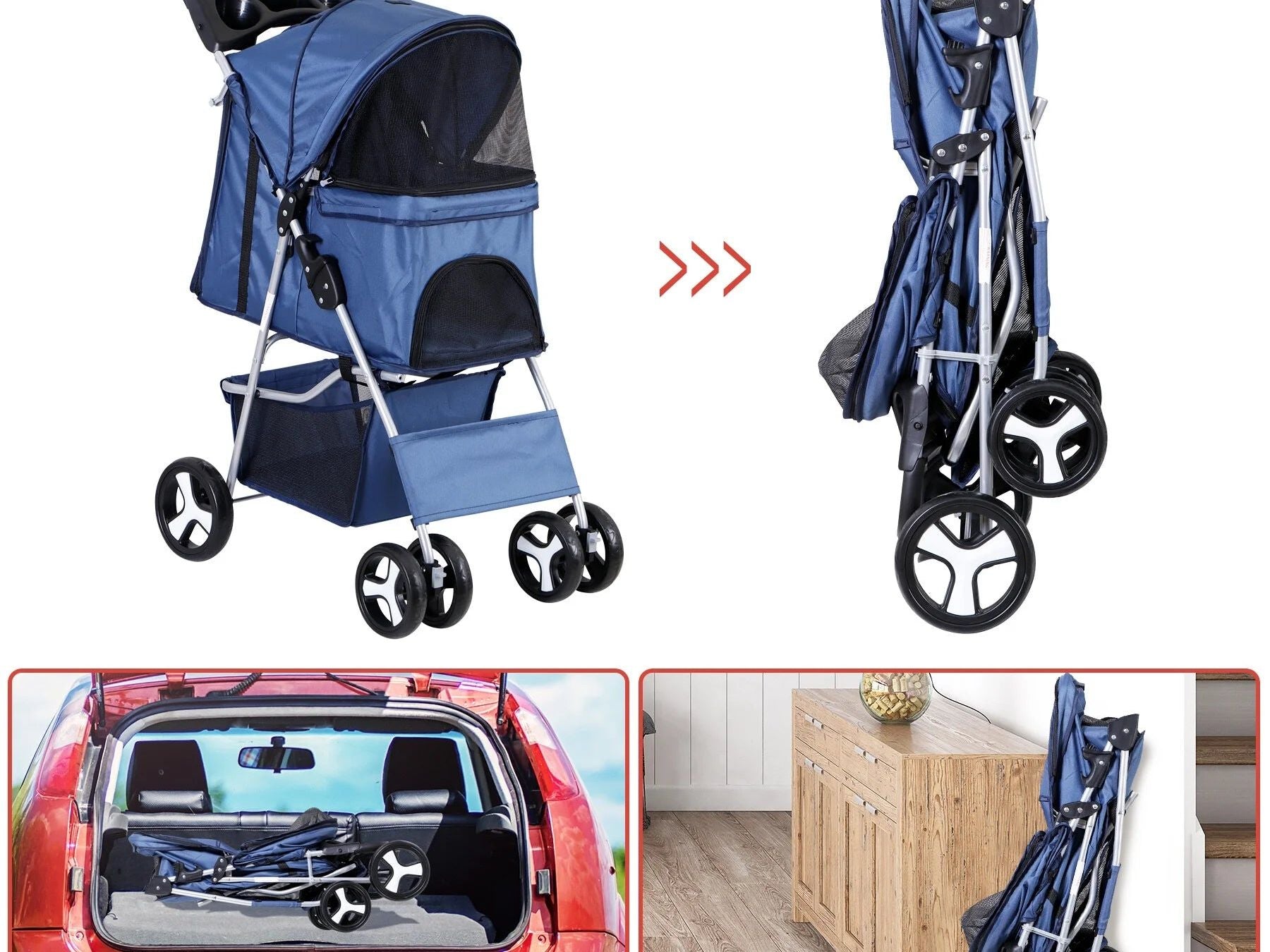4 Wheels Small Pet Dog Stroller Foldable Strolling Cart Max.33Lbs W/Storage Basket & Cup Holder,Navy