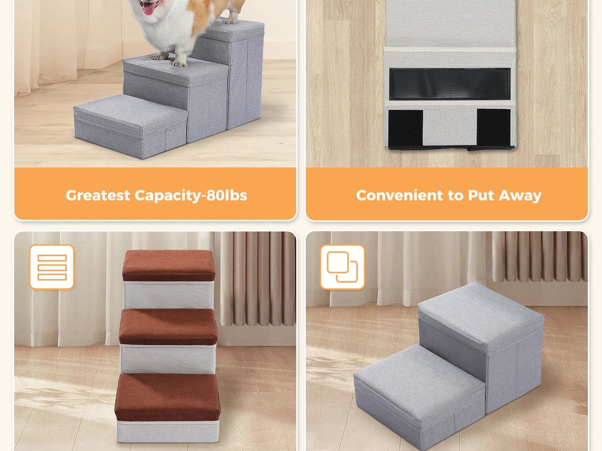 3-Tier Dog Stairs Foldable Pet Stair with Storage Box Adjustable Height Dog Steps for Small Old Dog Cat Non-Slip Pet Ramp Indoor