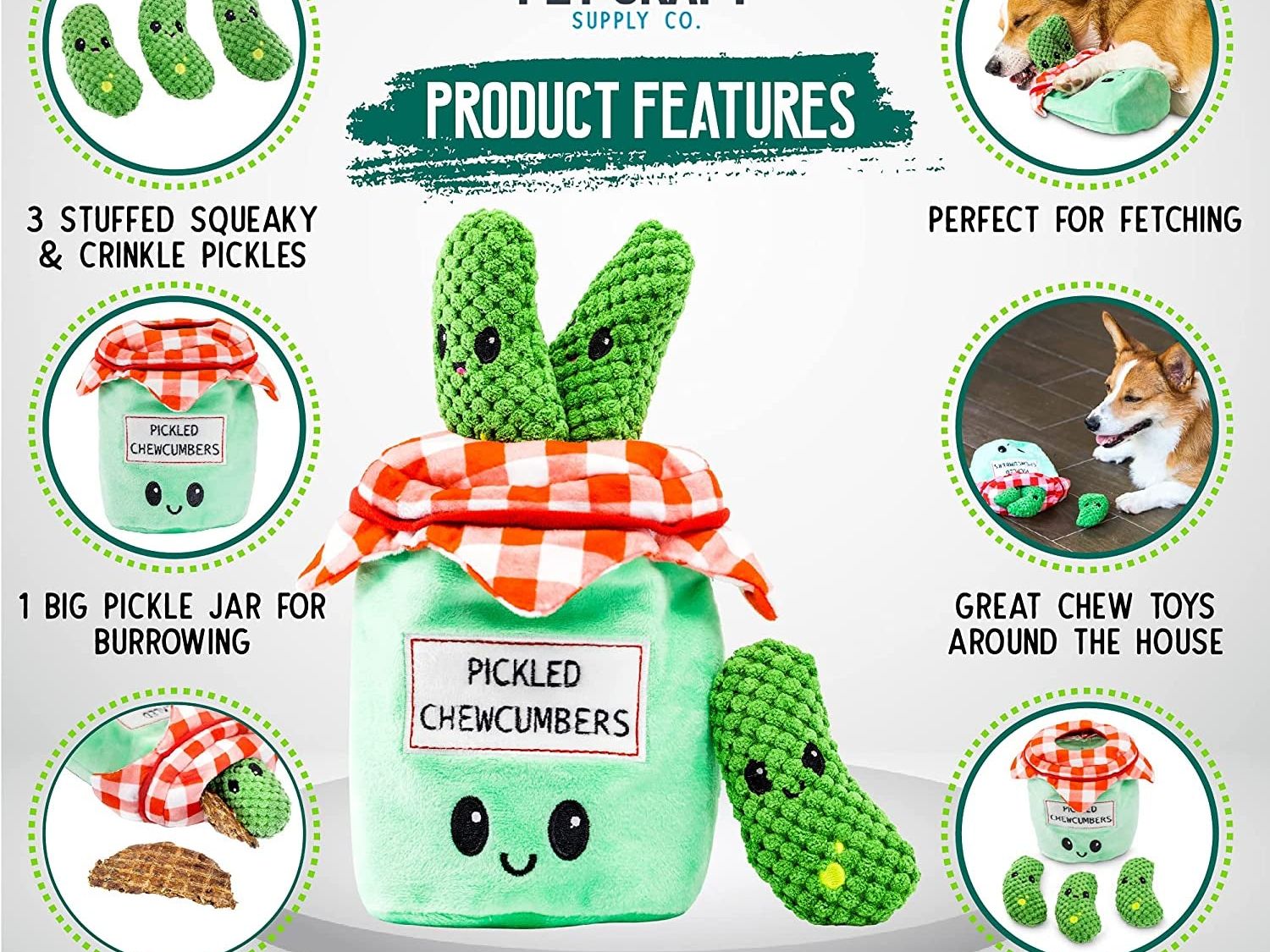 Interactive Plush Dog Toys Bundle - Hide and Seek Crinkle Squeaky Activity Puzzle for Medium Breeds - Includes Pickles Chew and Fetch Treats